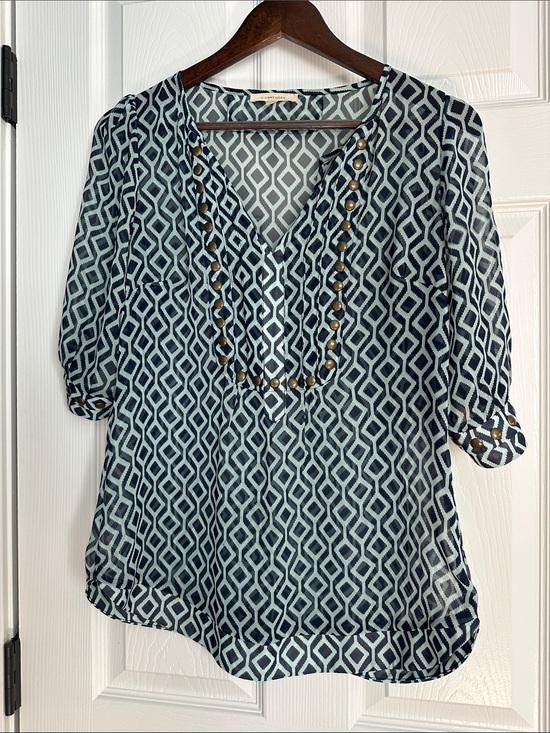 41 Hawthorn Tops - 41 Hawthorn Navy & White Geometric V-Neck Tunic with Stud Detail